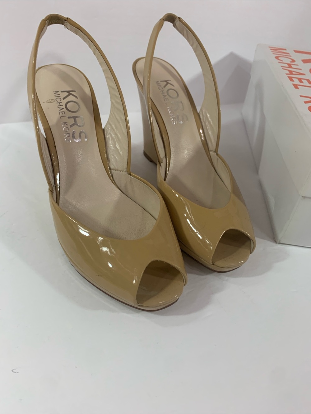 Michael Kors Nude Patent Peep-Toe Slingback Heels - 8